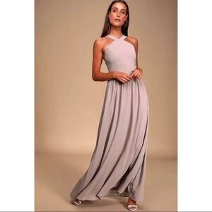 Lulus Sz M Taupe Romantic Long Formal Gown Maxi Dress Georgette Mod Halter